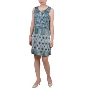 NY Collection Green Blue Geo Print Women's Sleeveless Dress with 3 Rings Plus 3X